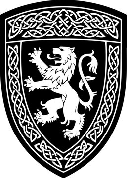 Heraldic Shield with Lion Rampant and Celtic Knot Border, Medieval Scottish Emblem Design