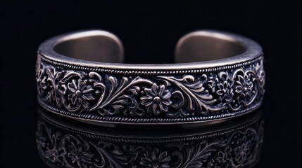 Elegant silver cuff bracelet with floral relief detail