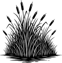 Woodcut style reeds and cattails by a calm pond silhouette vector illustration