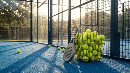 Padel tennis court with many balls and racket at sunset.