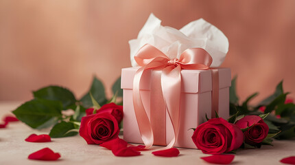 Gift's Embrace: a pink gift box rests alongside a collection of vibrant red roses, creating an aura of thoughtfulness and affection, perfect for special occasions.