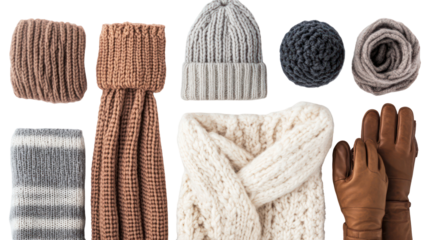 Chunky knit dresses with winter accessories including knitted scarves and gloves on transparent background