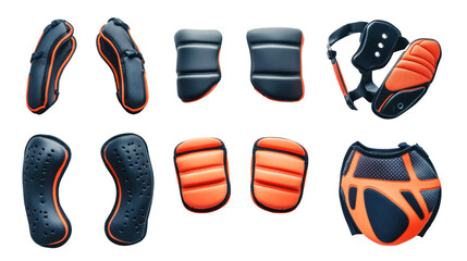 Shoulder pads shin guards elbow pads flat lay isolated on clean transparent background