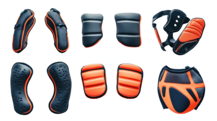 Shoulder pads shin guards elbow pads flat lay isolated on clean transparent background