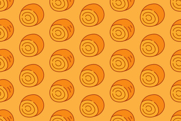 swiss roll cake colorful doodle seamless pattern on yellow background set for dessert. rolled sponge cake cartoon pattern background for pastry. cream roll pastry isolated illustration motif for cafes