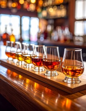 Whiskey Tasting Flight on a Wooden Bar