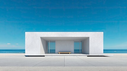 Minimalist building with a bench on a beach under a blue sky.