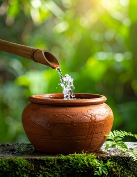Water Pouring from Bamboo into Clay Pot in Nature