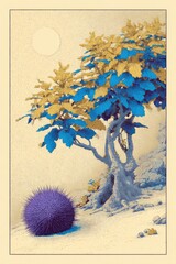 Abstract illustration of a tree with stylized foliage and purple object.