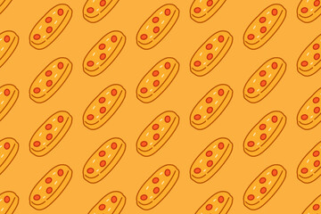 meat sandwich colorful doodle seamless pattern on yellow background set for street food. sausage bun cartoon pattern background for restaurant. topped hotdog isolated illustration motif for cafes