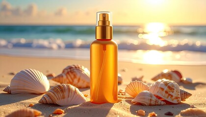 Golden sunscreen bottle on sandy beach, seashells around