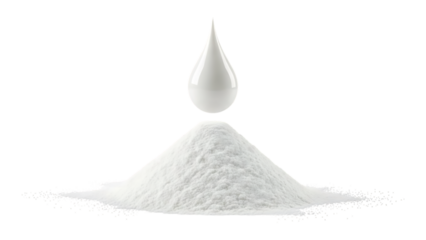 A single white droplet suspended above a gleaming conical pile of fine white powder against a dark