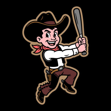 Cartoon cowboy character holding baseball bat in action