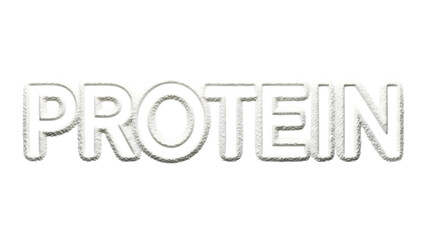 A striking black background prominently displays the word protein in large textured white capital letters