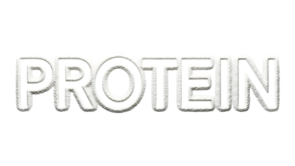 A striking black background prominently displays the word protein in large textured white capital letters
