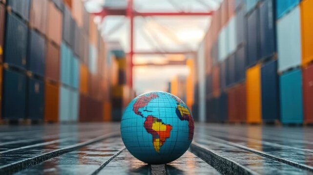 Globe on railway tracks surrounded by shipping containers in a port.