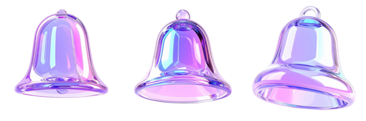 Three Iridescent Crystal Bells with a Transparent Background Perfect for Holiday Decorations