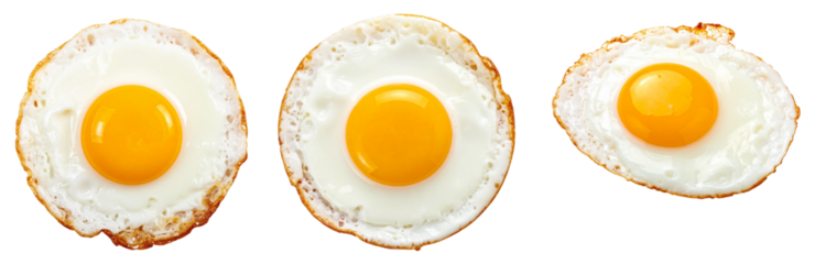 Three Fried Eggs with Bright Yellow Yolks and White Egg Whites in a Transparent Background