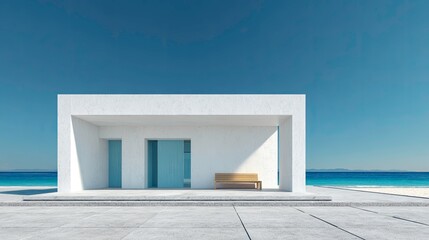 Minimalist Beach House with Turquoise Doors and Bench