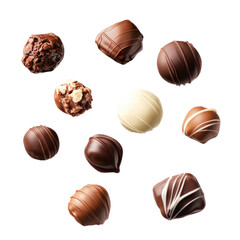 Fototapeta premium Assorted Chocolate Pralines Floating Against Transparent Background Featuring Dark Milk And White Chocolates with Textured And Decorated Surfaces