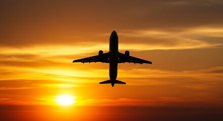 Golden Hour Flight: Airplane Silhouette at Sunset