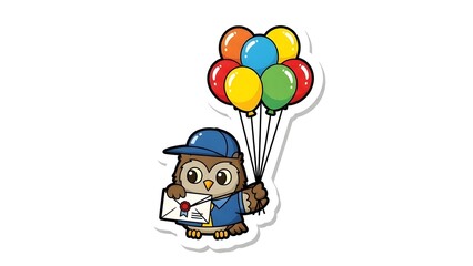 Fototapeta premium A funny cartoon clown and a happy boy celebrate a birthday party with colorful flying balloons and a red heart vector illustration under a blue sky