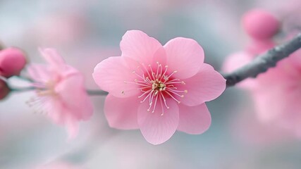 Blooming tree with pink blossoms and green leaves against blue sky.