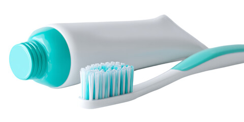 Toothbrush and toothpaste tube close up.