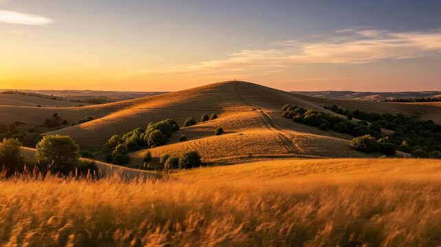Golden rolling hills bathed in sunset light with a serene rural landscape.
