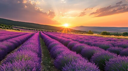 Vibrant purple lavender rows stretch toward a dramatic golden sunset casting brilliant rays of light across the rolling hills of Provence landscape
