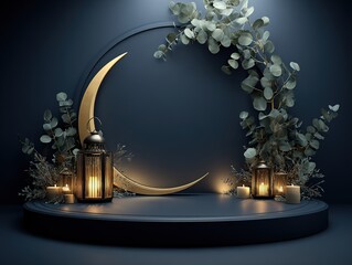  Golden Crescent Moon with Green Leaves on Black Podium for Ramadan and Eid Mubarak Display