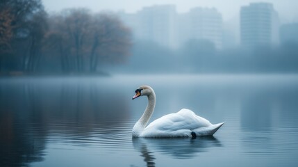 Fototapeta premium Serene white swan glides gracefully on a misty lake with city buildings in the background