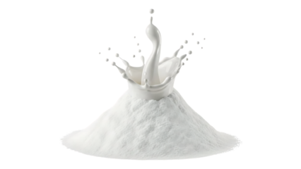 A dynamic splash of white liquid possibly milk or cream frozen in motion against a black background