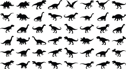 Collection of black dinosaur silhouettes prehistoric reptiles icons set isolated on white background for education design decoration branding marketing illustration © Rokeya