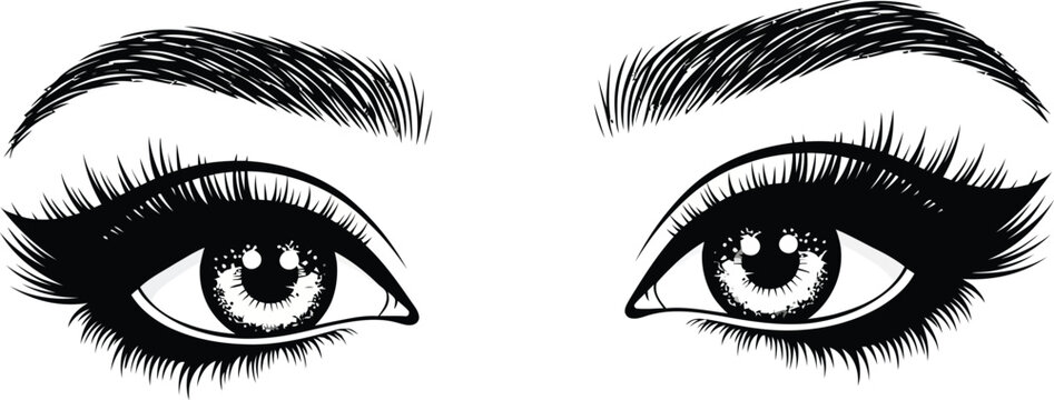 Elegant handdrawn female eyes with voluminous eyelashes thick eyebrows and dramatic eyeliner.
