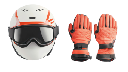 Snowboard helmet with gloves top-down view on transparent background