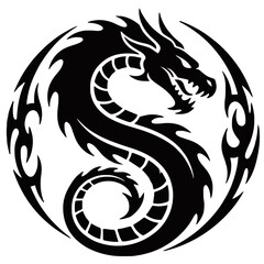 Obraz premium A striking black tribal dragon design coiled within a circle, symbolizing power and mythology.