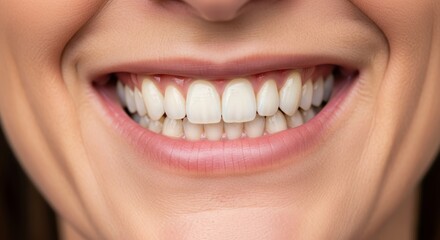 Fototapeta premium Woman smiling with perfect white teeth and healthy gums for dental hygiene and cosmetic dentistry concept. Facial expression showcasing happiness and oral health.