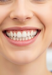 Fototapeta premium Close up of a woman showing her perfect white teeth while smiling. Beautiful healthy dental smile for oral hygiene and dentistry advertisement.