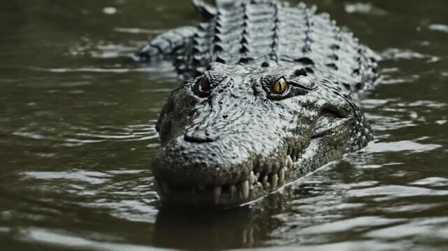 Close-up of a fearsome alligator in murky water, ready to strike and hunt.