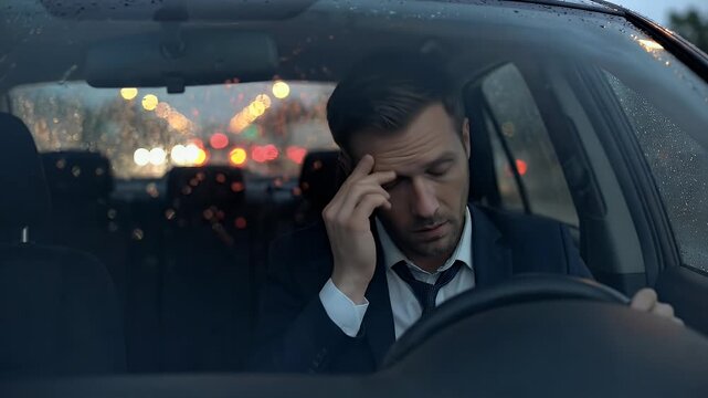 Frustrated Businessman Driving Car at Night in Rain, Overwhelmed by Stress