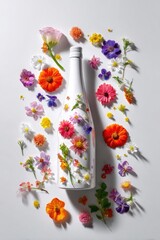 White bottle decorated with colorful flowers on white background, artfully arranged