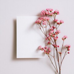 Pink flowers beside a blank card, top-down, on a white surface