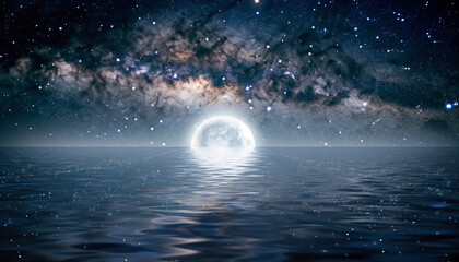 月と銀河が照らす静かな海：Moonlit Galaxy Over a Quiet Ocean

