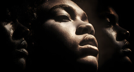 Powerful conceptual portrait created for Black History Month, with dramatic chiaroscuro lighting highlighting strong facial features and expression