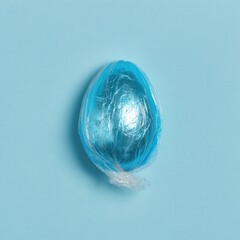 Easter egg wrapped in blue plastic on solid light blue background, aerial view