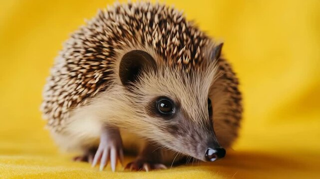 Adorable baby hedgehog with spiky fur and little nose, sitting on a yellow surface.