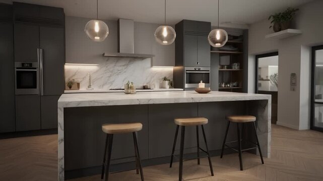 Modern Luxury Kitchen Interior Design with Marble Island and Bar Stools