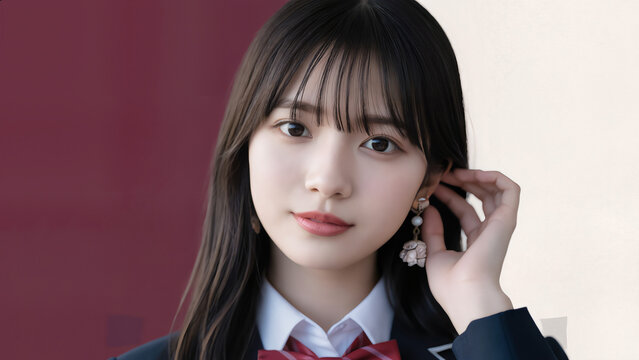 ネイビーのジャケットを着た美しい女性が、白いシャツに赤いリボンを合わせ耳元に手を添える
