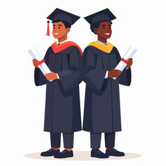 Two graduates standing side by side holding diplomas in graduation attire